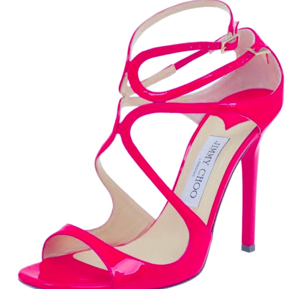 Jimmy Choo Lang Patent Strappy Sandal Heels in Fuschia (Hot Pink) 37